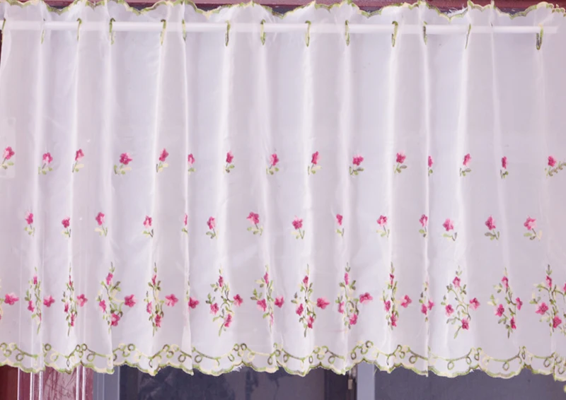 Pink Embroidery Flower Hollow Sheer Curtain Pastoral Style Kitchen Cafe Decorative Tube Short Curtains Semi-shade Window Curtain