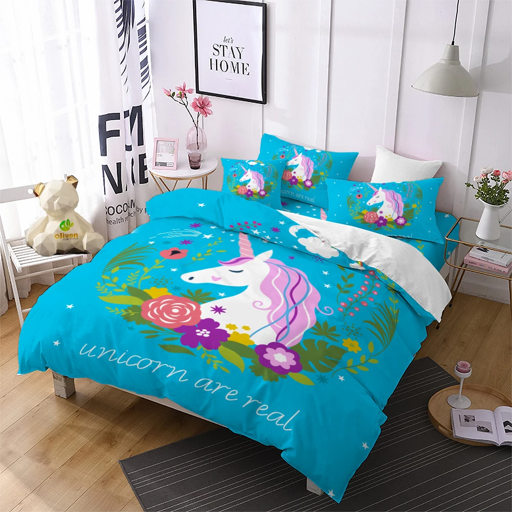 Милое постельное белье с изображением единорога, набор мультяшных пододеяльников для пуховых одеял, набор из 3 предметов, постельное белье
