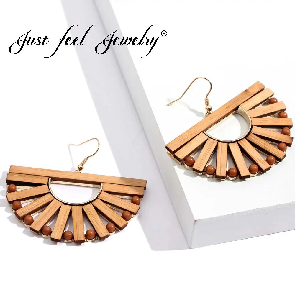 

JUST FEEL Boho Wooden Dangle Earrings For Women Ethnic Retro Beads Bamboo Statement Large Drop Earring 2018 New Fashion Jewelry
