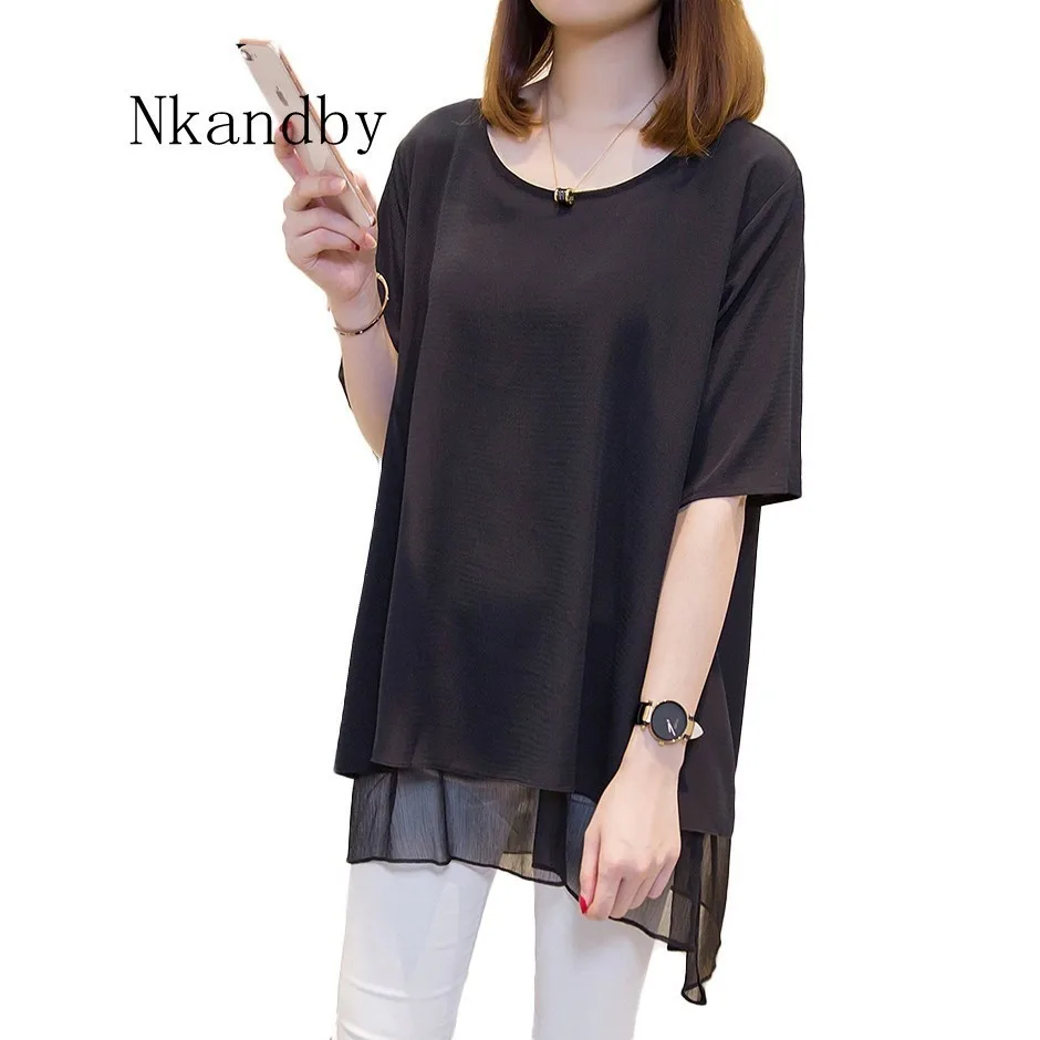 

Nkandby Plus size Chiffon Women`s Shirt 2019 Summer Clothes Korean Short sleeve Ladies Blusas Tunics Big sizes Black Top 5XL