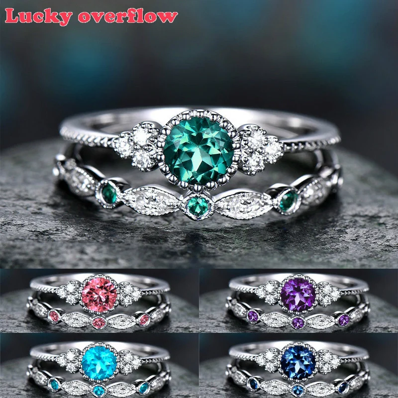 

Luckyoverflow 2Pcs/Set 2019 Luxury Green Blue Stone Crystal Rings for Women Sliver Color Wedding Engagement Rings Jewelry