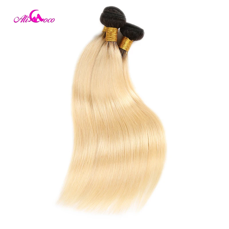Али Коко волос 1b/613 блонд цвет бразильские прямые волосы 2/3 пучки с 13x4 уха до уха фронтальный темный корень remy волос
