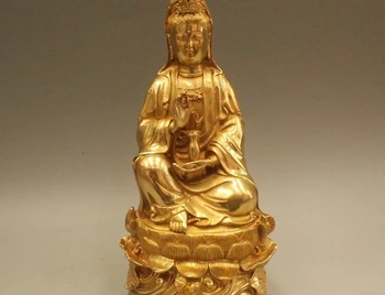 

10" Chinese Buddhism Brass Seat Lotus Kwan-yin Guan Yin Goddess Vase Statue