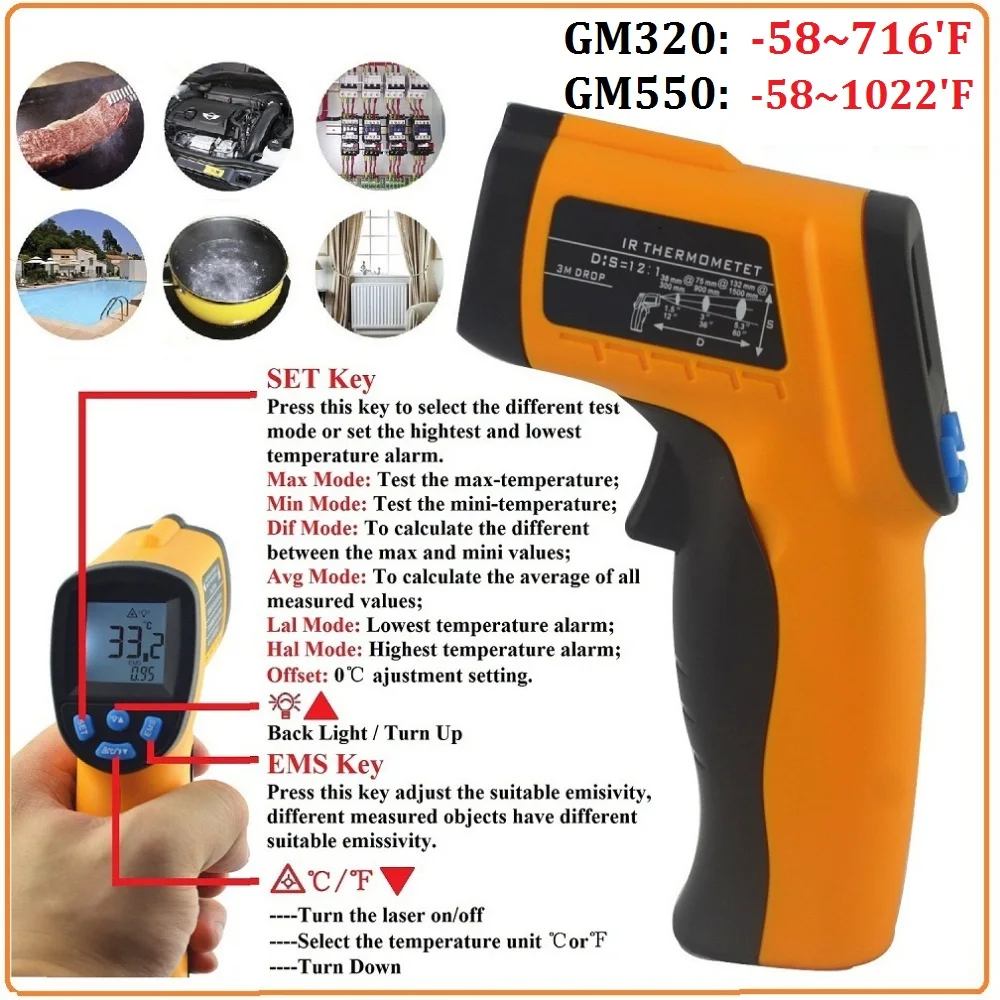 

HoldPeak IR Thermometer Digital Non Contact Infrared Thermometer Laser Temperature Measurement Instruments Pyrometers 'C/'F Unit