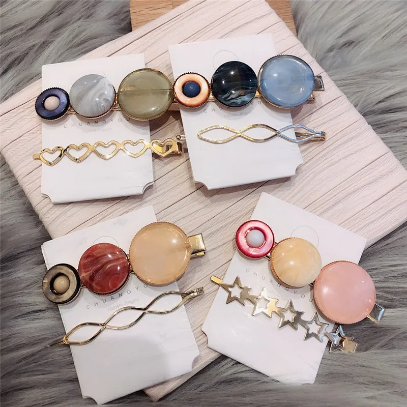 

Korea New Vintage Round Acetic Acid Acrylic Resin Hairpins Hair Clips For Women Girls Metal Star Heart Hairgrips Sets Wholesale