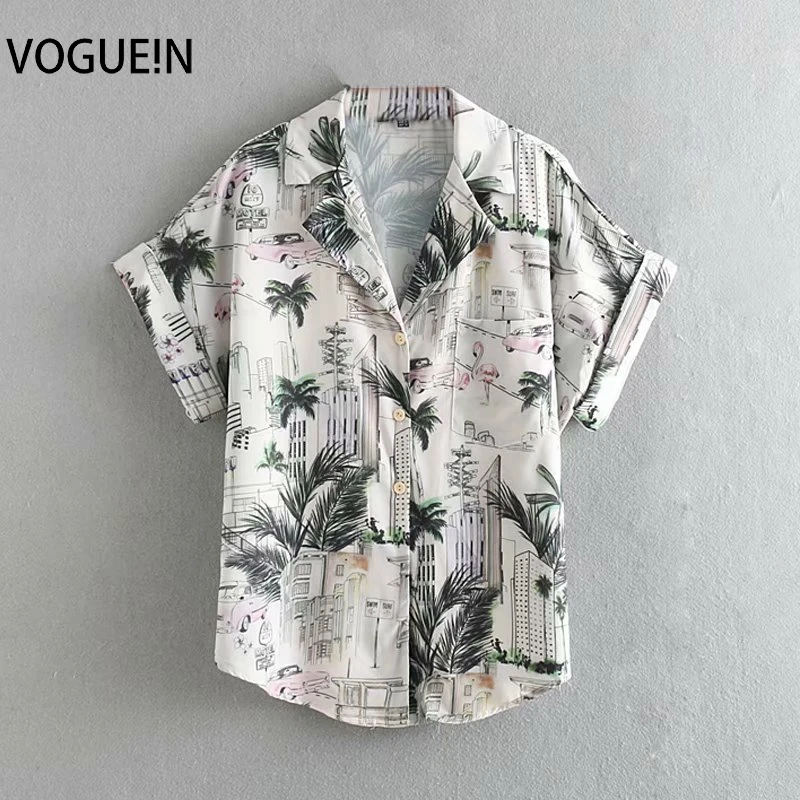 

VOGUEIN New Womens Retro Landscape Print Short Sleeve Button Down Shirt Blouse Top Wholesale