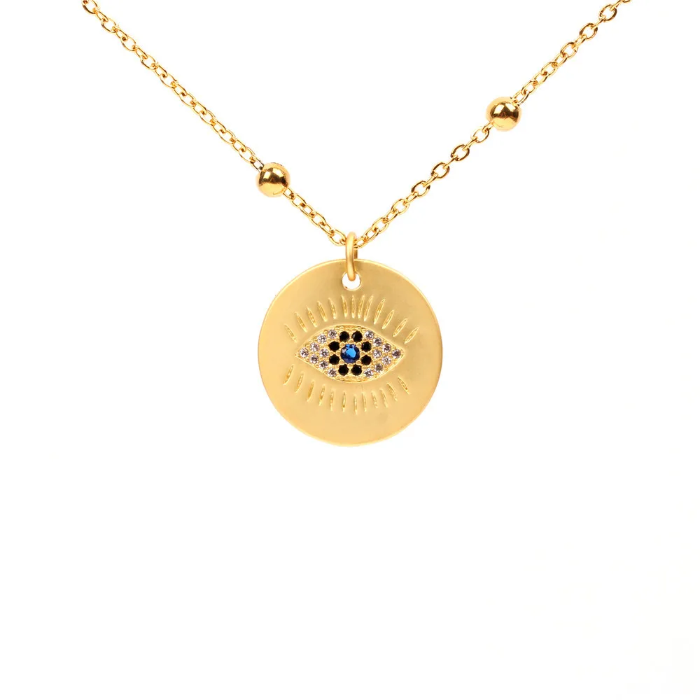 Ожерелье с круглой подвеской Lucky Eye золотого цвета, медная длинная цепочка, ожерелье со сглаза, модное ювелирное изделие, подарки для женщин и девочек LE154