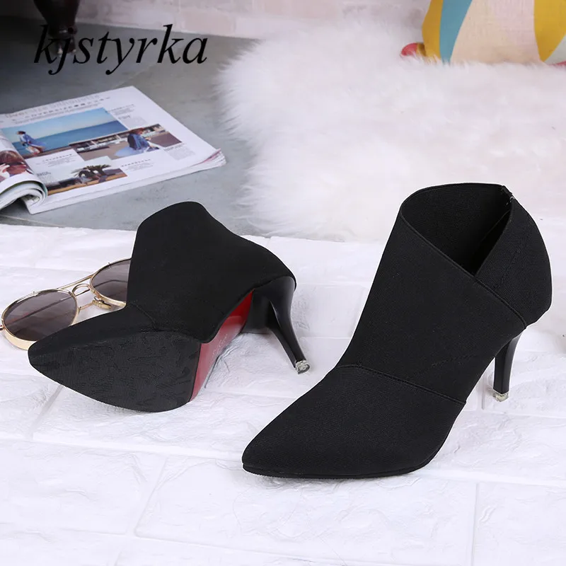 

kjstyrka 2018 botines mujer autumn winter high quality fashion elegant Dew ankle women boots red bottom thin heels bota feminina