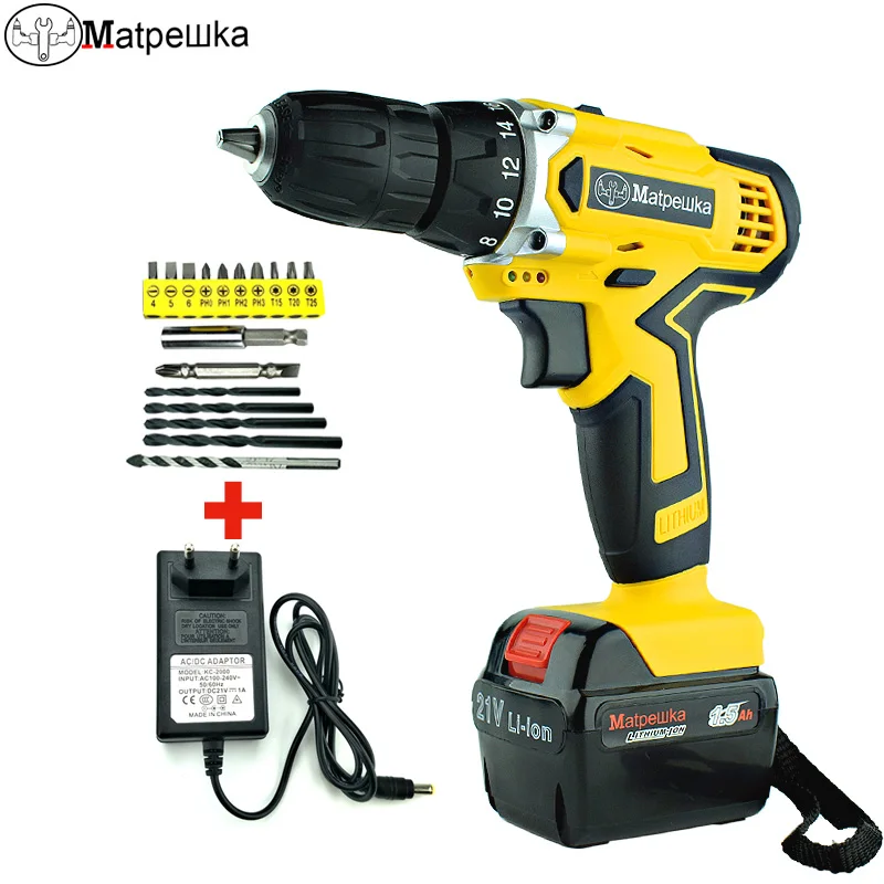 

21V Multi-Function Electric Screwdriver Double Speed Electric Tool Household Cordless Llithium Battery Drill 1 battery +13 gifts