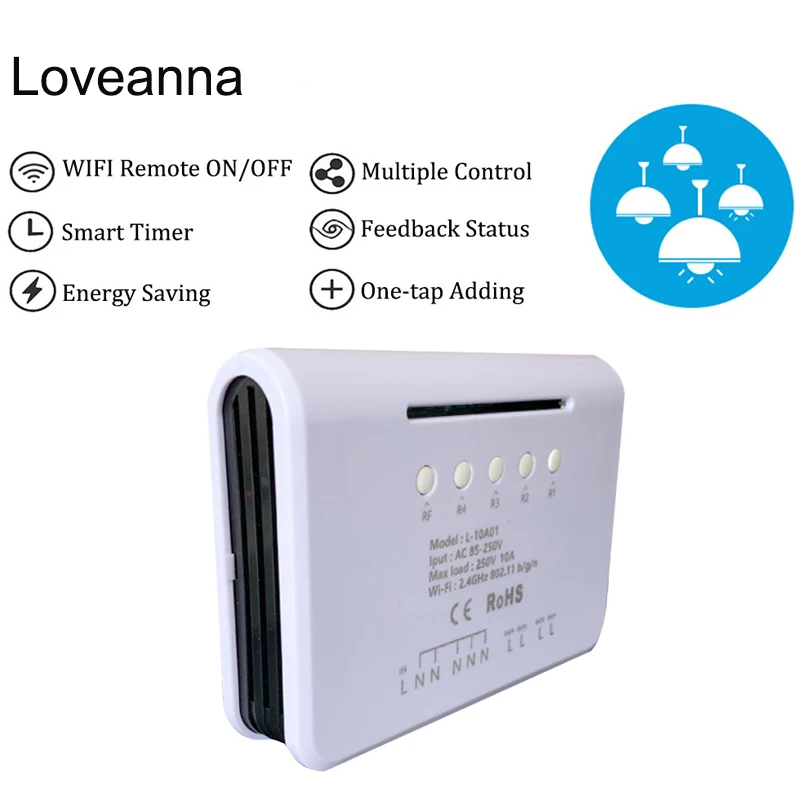 

Loveanna 4CH Wifi Light Smart Switch, 4 Channels Electronic Switch App Control,Works With Alexa Google Home VS SONOFF 4CH R2