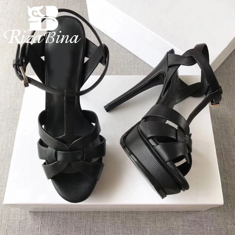

RizaBina Real Leather Sandals Women Super Heel 14 cm Summer Shoes Women Fashion Platform Party Club Women Footwear Size 34-41
