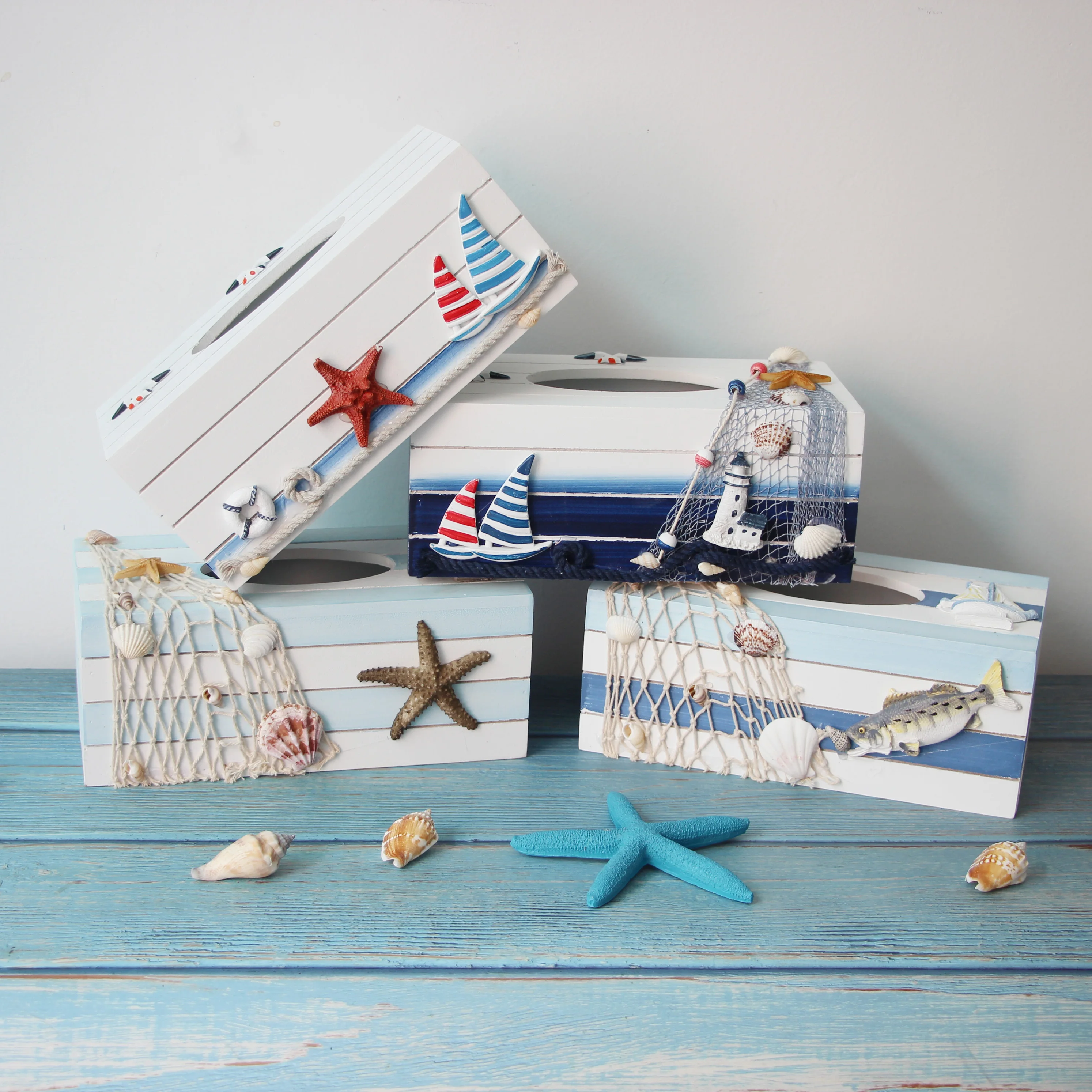 

4 styles Wooden Tissue Boxes Mediterranean Sea Household Style Car Towel Napkin Paper Holder Tissue Case Container