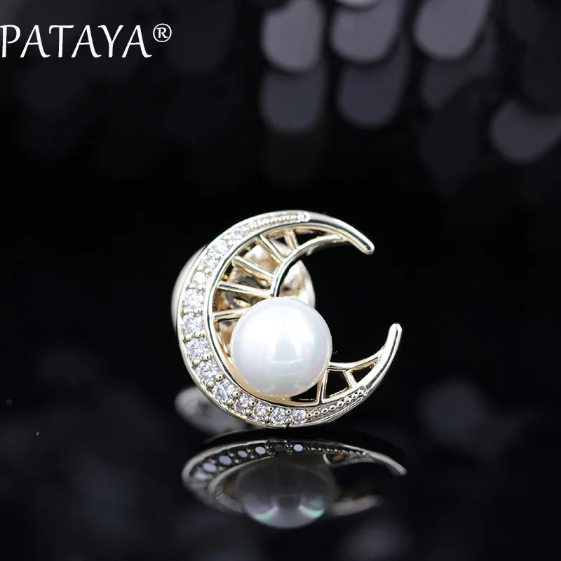 

PATAYA New Arrivals 585 Rose Gold Moon Brooches White Natural Pearls Cubic Zirconia Wedding Party Jewelry For Women Cute Gift
