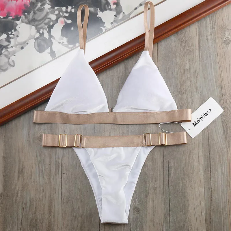 White Velvet With Gold Belt Metal Button Micro Bikini Biqunis 2019 Ruffle Swimming Suit For Women Bathing Suits Mini Swimwear White Velvet With Gold Belt Metal Button Micro Bikini Biqunis 2019 Ruffle Swimming Suit For Women Bathing Suits Mini Swimwear