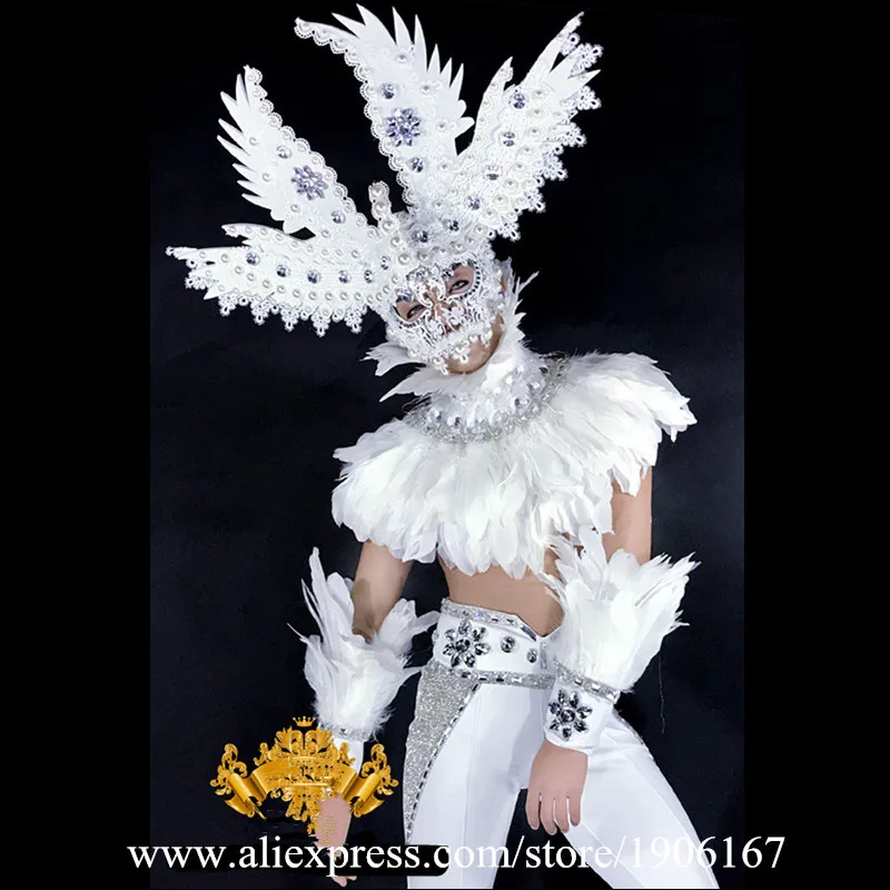 Fashion Men White Feathers Stage Ballrooom Costume Angel Man font b Clothing b font Party Christmas