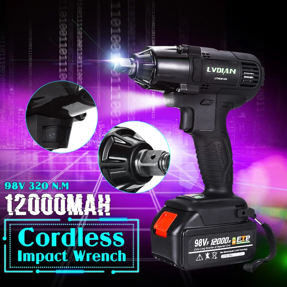 

2 Colors 98VF 320NM 12000mAh Electric Wrench Lithium-Ion Cordless Drill Rechargeable Battery Set High Torque Tool