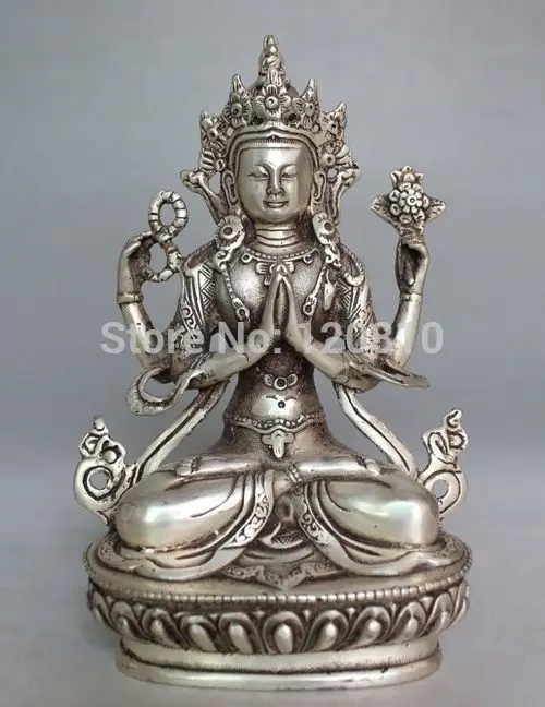 

zhaorui660005++Tibet Buddhism Silver Bodhisattva Four-armed Avalokiteshvara Buddha Statue