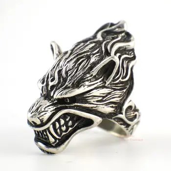 

925 Solid Sterling Silver Punk Rock Wolf Head Men Ring A3043