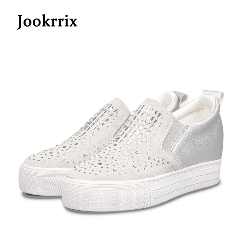 

Jookrrix 2018 Spring New Fashion Lady Casual Silver Platform Shoes Women Sneaker Real Leather Girl Leisure Shoes Crystal Silp On