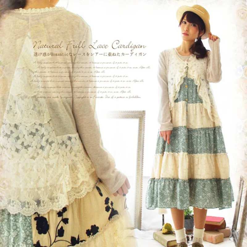 

Spring Autumn Mori Girl Sweet Shirt Women's Crochet Lace Ruffle Full Sleeved Cotton Linen Female Vestido Blouses Cardigan C121