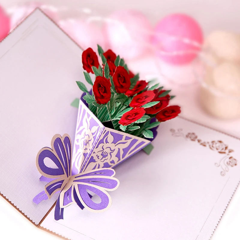  3D Laser Cut Handmade Bouquet of Roses Paper Invitation Greeting Cards Show Love PostCard Wedding P - 32890718791