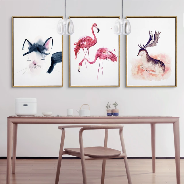 Triptych Lovely Adorable Flamingo Deer Hello Kitty Painting Canvas Fabric Artwork Aesthetic Wall Picture For Bedroom Triptych Lovely Adorable Flamingo Deer Hello Kitty Painting Canvas Fabric Artwork Aesthetic Wall Picture For Bedroom