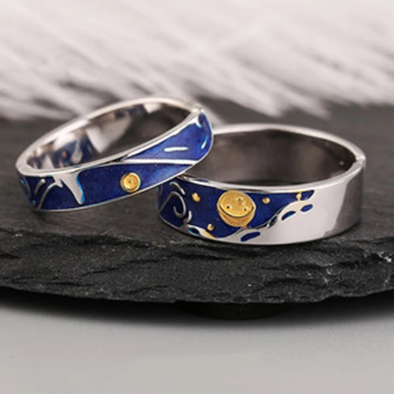 Qevila 100% 925 Sterling Silver Van Gogh Ring Adjustable Starry Sky Moon Enamel men Ring For Women Lover Engagement Wedding Ring (8)