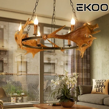 

EKOO American country Nordic creative simple wrought iron resin retro living room restaurant bar antique antler chandelier
