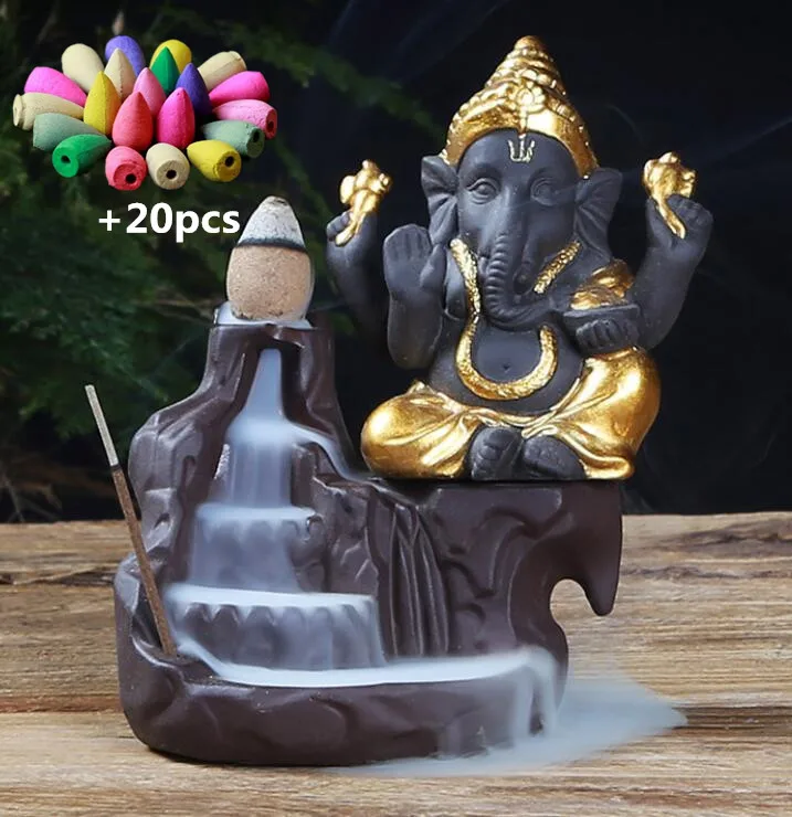 NOOLIM Ganesha горелка для благовоний с обратным потоком слон Бог эмблема благоприятный и успех керамическая конусная кадильница домашний декор с 20 шт. конусами - Цвет: Gold A-Mixed