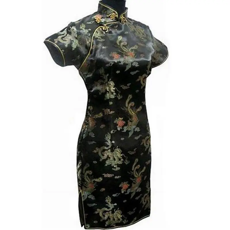 Женское винтажное короткое Ципао с драконом и Фениксом, элегантное женское платье Чонсам с воротником-стойкой, сексуальное мини китайское платье Vestidos, большие размеры 6XL - Цвет: Black 1