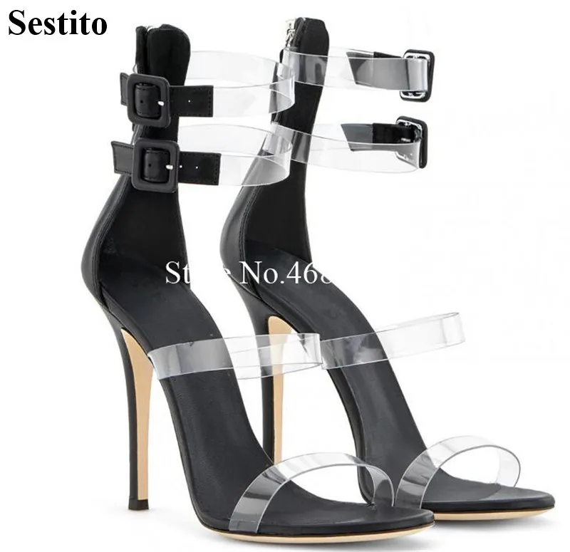 

European and American style PVC transparent word with transparent buckle black Roman shoes pointed toe heels