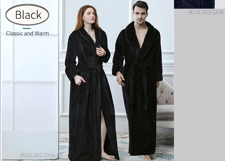 Men Women Winter Extra Long Thicken Grid Flannel Warm Bath Robe Luxury Soft Thermal Bathrobe Mens Dressing Gown Male Sexy Robes