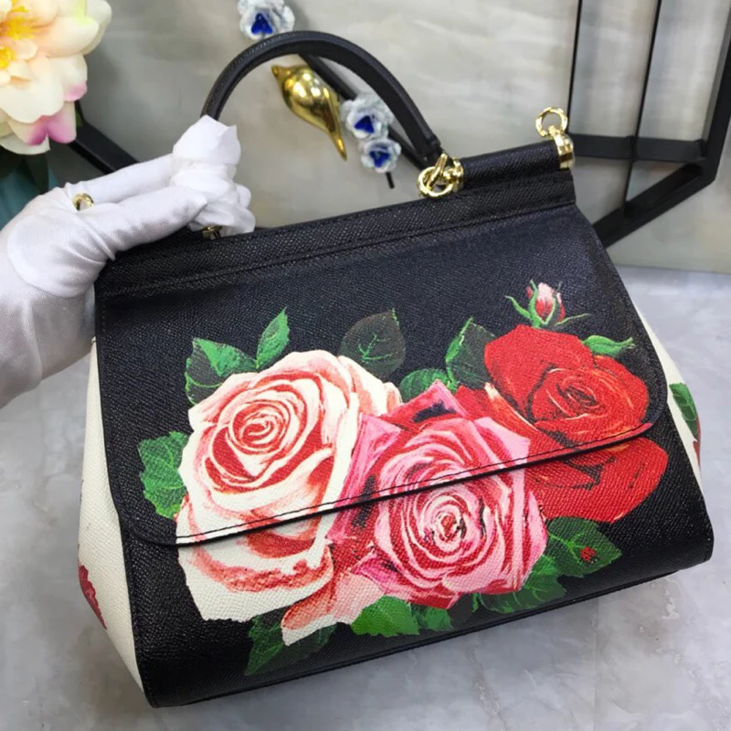 

Luxury Italy Brand Sicily Fashion Cat Flowers Printed Genuine Leather Handbag Women Leopard Handbag Lady Messenger Shoulder Bags