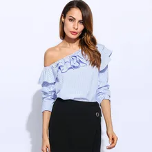 Women Cotton One Shoulder Stripe Long Sleeve Slim Pullover Shirt Top