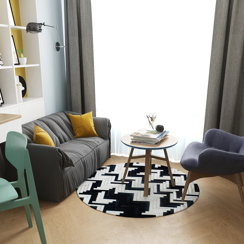 Круглый американский стиль натуральный воловья кожа ковер пэтчворк, черный полосатый меховой ковер для гостиной спальни декоративный коврик