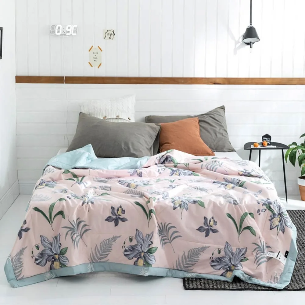 

2019 INS Grey Flowers Leaves Pink Stitching Comforter Summer Quilt Cotton Fabric Quilting Blanket Twin Full Queen Size Bedspread