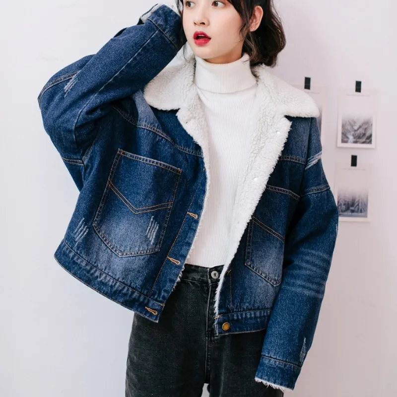 Casual Fashion New Lambswool Jean Jacket Women Embroidery Denim Coat Women Vintage Plus Velvet Denim Jacket Woman Winter 2019