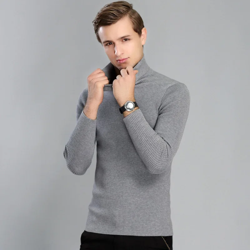 Модный осенне-зимний мужской свитер с высоким воротником Эластичный теплый вязаный пуловер мужской однотонный Повседневный джемпер - Цвет: Gray