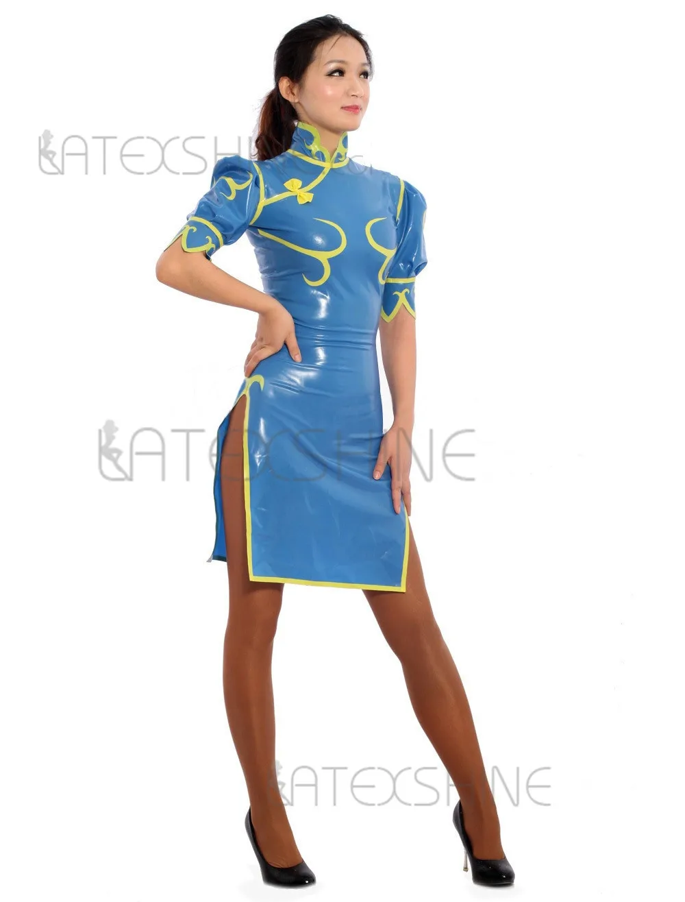 Sexy-Womens-Blue-Latex-Dress-Skin-Tight-Rubber-Cheongsam-Dress-with-Back-Zipper