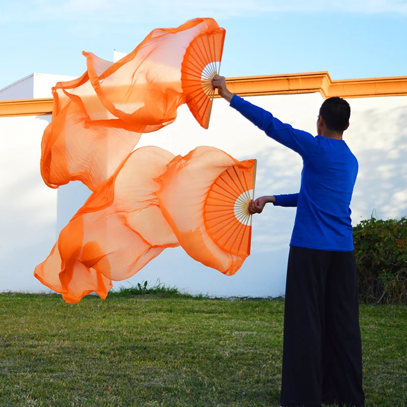 1 пара(левая+ правая рука), натуральный шелк, для фанатов танца живота, 3 цвета, ручная работа, окрашенная шелковая вуаль, для фанатов танцев 150/180x90 см для взрослых - Цвет: Orange