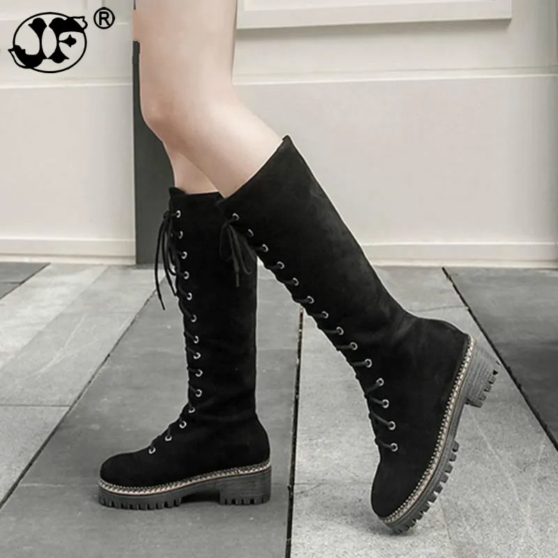 

Female Lace Up shoes woman knee high Boots women boots female autumn winter boots faux suede shoes brand booties thh78