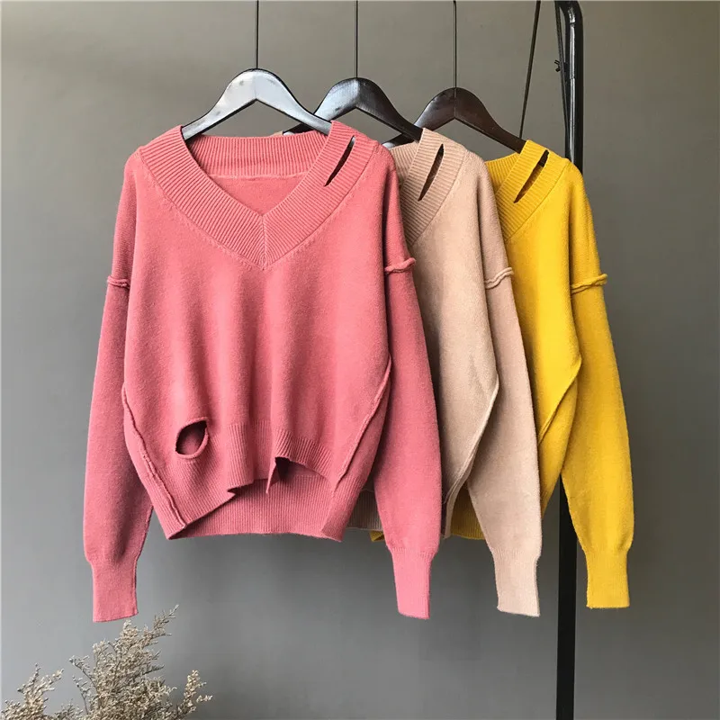 Rusanranz 2018 Autumn Winter Knitted Women Sweater V Collar Solid Color Pullover Jacket Loose Sweater Sweaters