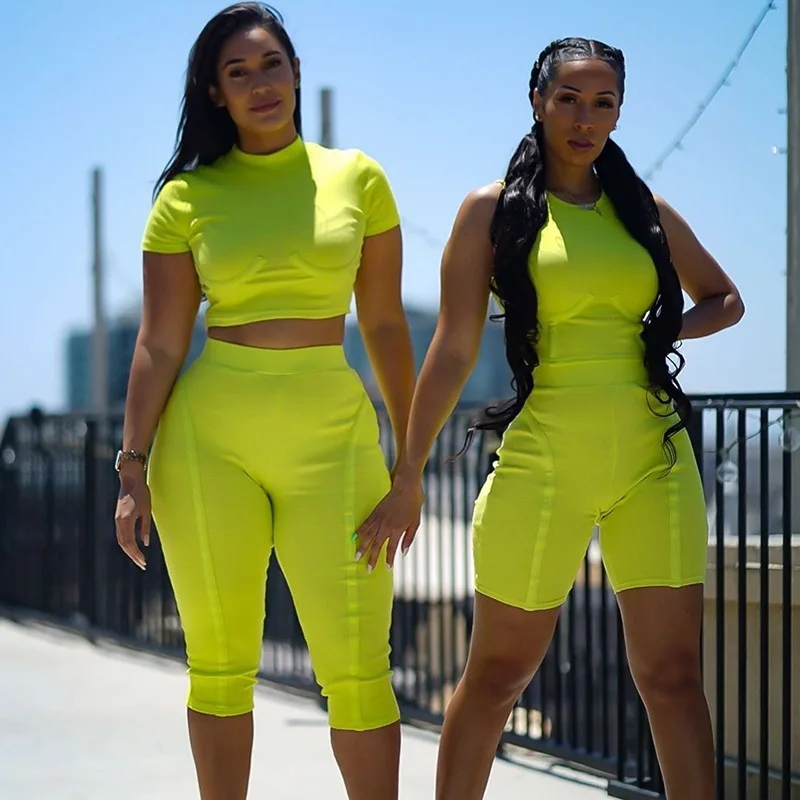 ZKYZWX النيون الأخضر اثنين من قطعة مجموعة رياضية ملابس حريمي مضلع متماسكة مثير مطابقة مجموعات اللياقة البدنية أعلى و السائق السراويل بذلة رياض...