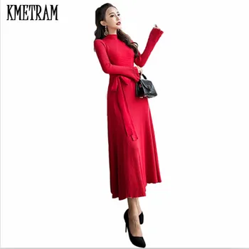 

KMETRAM 2020 Fashion Red Long Winter Dress Women Long Sleeve Elegant Sexy Vintage Dress Knitted Dresses Vestidos De Festa HH622