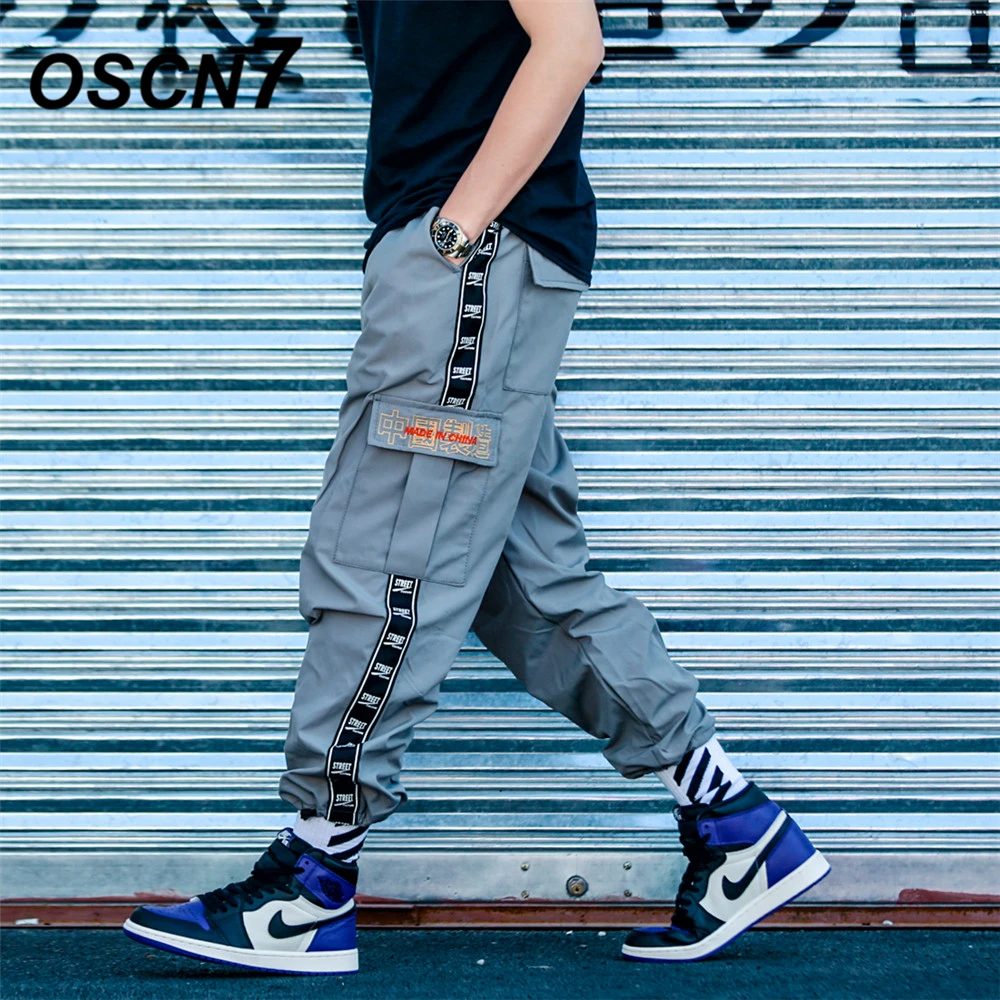 OSCN7 свободные полосы для отдыха пот Штаны Для мужчин 2019 уличной моды обычная, высокая, на выход в стиле пэчворк брюки мужские K183