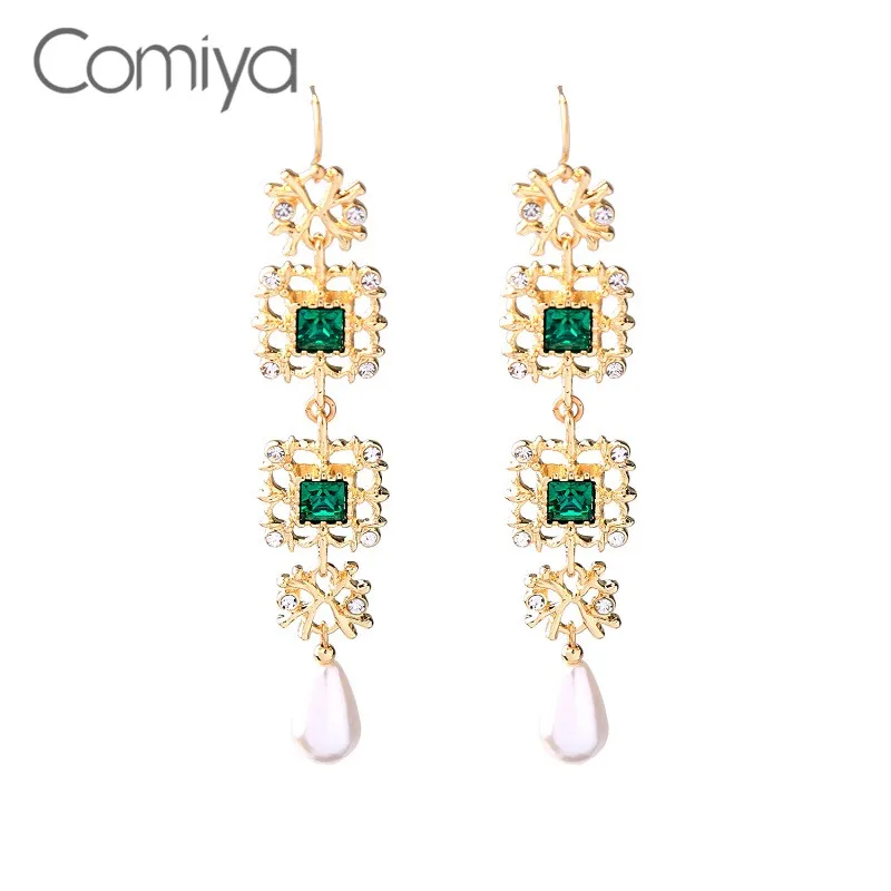 Comiya Simulation Pearl Crystal Mosaic Long Earrings For Women Wedding