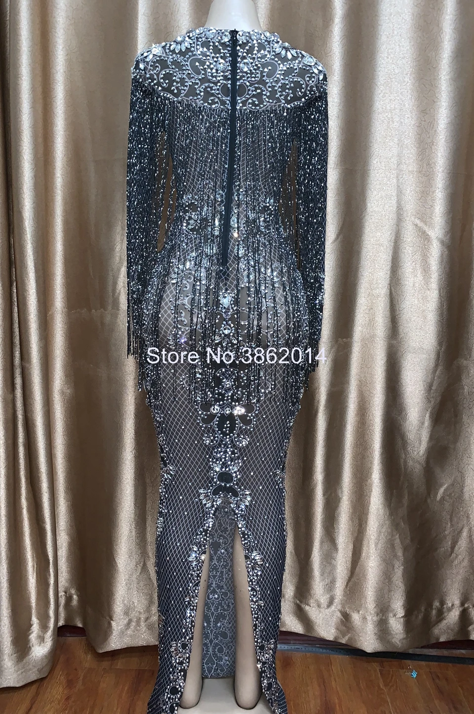 Черное Сетчатое прозрачное длинное платье с блестящими кристаллами; вечернее платье; стразы; платье на день рождения с кисточками; сценический костюм; платье с бахромой