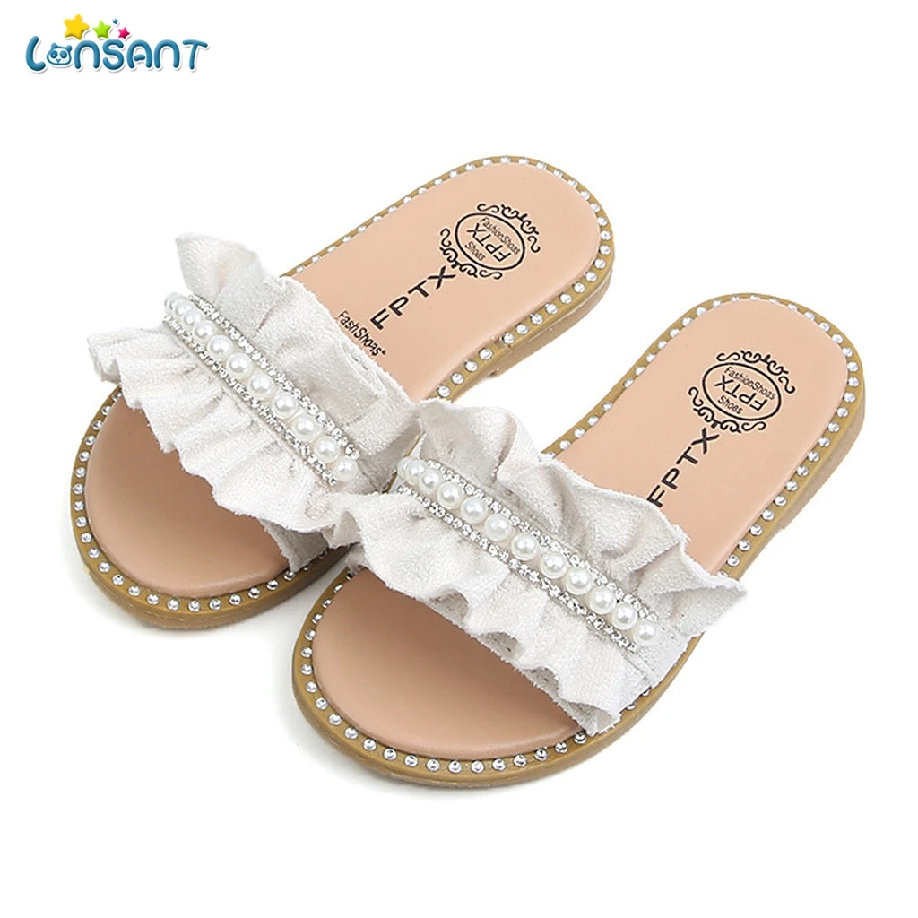LONSANT сандалии для девочек Дети Лето 3 цвета жемчуг кристалл оборки обувь для принцессы сандалии тапочки для маленьких девочек