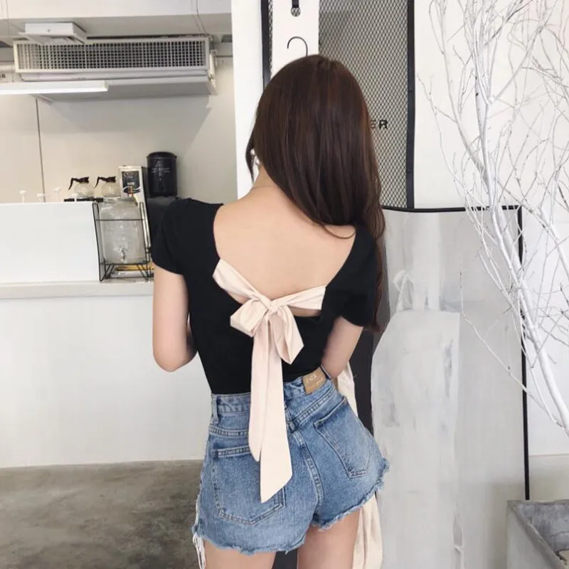 

SexeMara New Ladies Fashion Open Back Bow Decorated Short Sleeeve Summer T-shirt Tee Top Casual Summer INS Style Hot