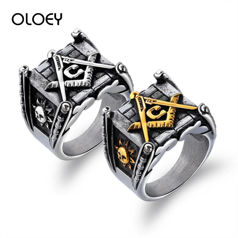 

OLOEY Vintage Masonic Signet Finger Ring Titanium Steel Men's Rings Gold Color Punk Jewelry Male Rings Gifts For Boyfriend